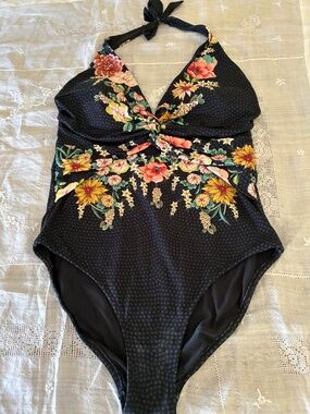 Johnny Was black floral one piece swimsuit